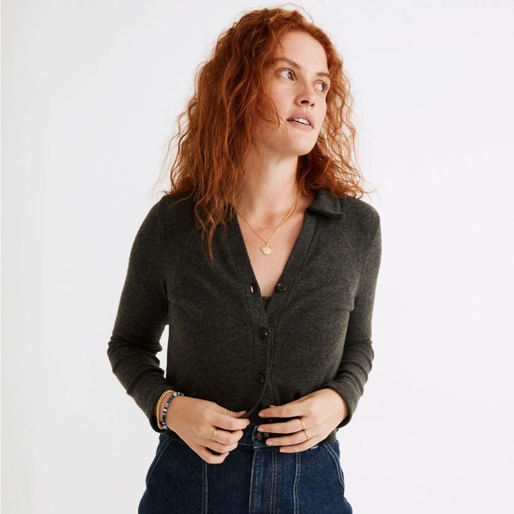 Madewell Brushed Rib Polo Crop Cardigan Charcoal Gray Button-Up Collared